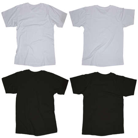 Wrinkled blank black and white blank t-shirt template, front and back design isolated on whiteの写真素材