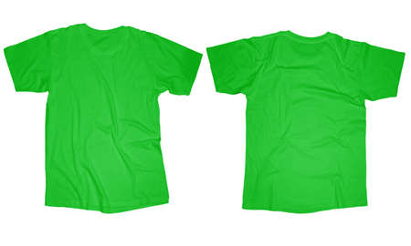 Wrinkled blank light green t-shirt template, front and back design isolated on whiteの写真素材