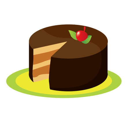 Vector illustration of a chocolate cake on a plate isolated on whiteのイラスト素材