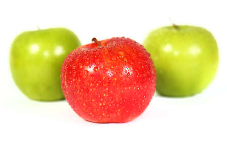 Image of wet red and green apples and on white backgroundの写真素材