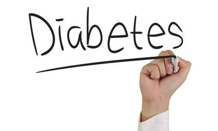 Image of a hand holding marker and write Diabetes word isolated on whiteの写真素材