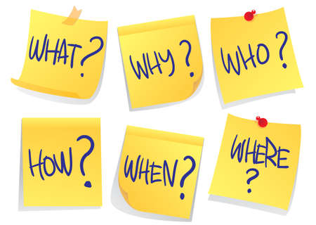 Vector illustration of sticky papers with question words on it saying what where when who how and why isolated on whiteのイラスト素材