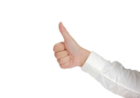 Gesture of hand showing thumb up in formal long sleeved shirt isolated on white