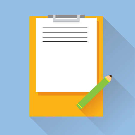 Vector illustration of single Test Paper and Pencil on Clipboard flat icon in blue square background with diagonal shadowのイラスト素材