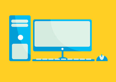Vector illustration set of desktop computer flat icon in yellow square background with diagonal shadowのイラスト素材