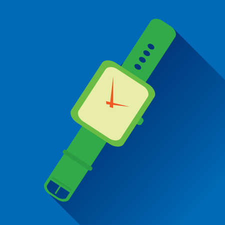 Vector illustration of single green Wrist Watch flat icon in blue square background with diagonal shadowのイラスト素材