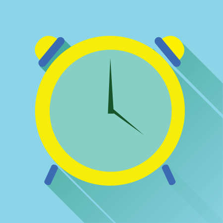 Vector illustration of single Yellow Alarm Clock flat icon in blue square background with diagonal shadowのイラスト素材