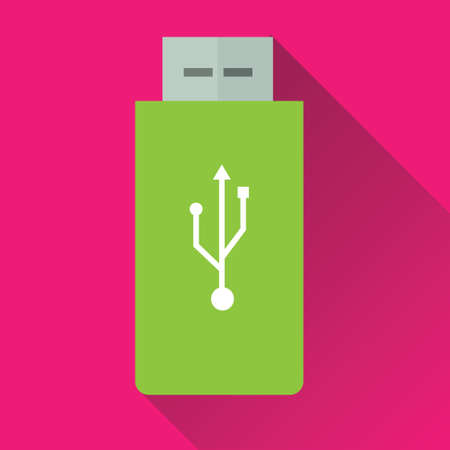 Vector illustration of single green USB Flash Drive flat icon in pink square background with...