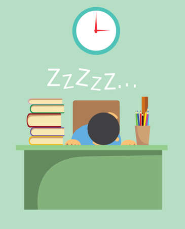 Vector illustration of a young student exhausted from learning and sleeping on his deskのイラスト素材