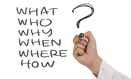 Business concept image of a hand holding marker and write basic questions isolated on whiteの写真素材