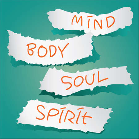 Motivational concept. Vector illustration of torn papers with the words Mind, Body, Soul and Spirit written on itのイラスト素材