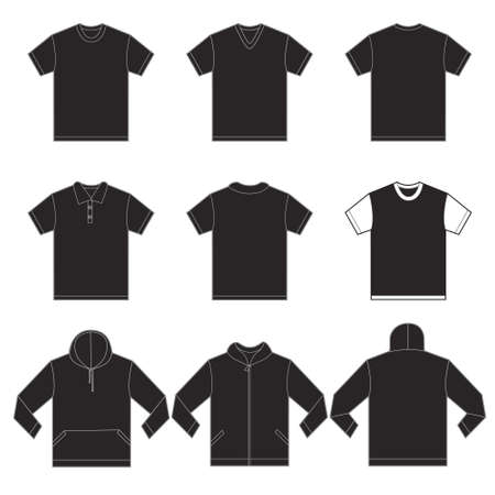 Vector illustration of black shirts template in many variation, front and back design isolated on whiteのイラスト素材