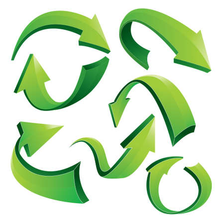 Vector illustration of green curved 3D arrows in different variation isolated on whiteのイラスト素材