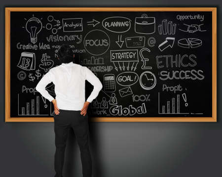 Businessman analysing business scheme written on blackboard in front of himの写真素材