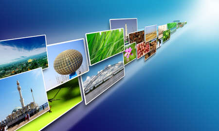 Internet concept, Images stream on internet sharing media over blue backgroundの写真素材