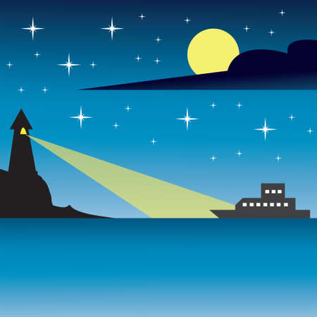 Vector illustration of seascape at night with boat and lighthouse under starry skyのイラスト素材