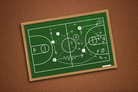 Chalk board drawing of basketball game strategy on green blackboard over textured wallの写真素材