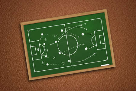 Chalk board drawing of soccer or football game strategy on green blackboard over textured wallの写真素材