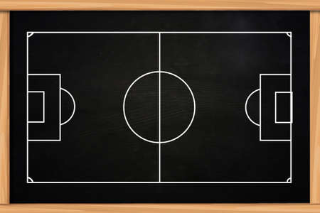 Chalk board drawing of empty soccer or football game strategy template on blackboardの写真素材