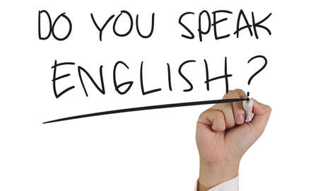 Motivational concept image of a hand holding marker and write Do You Speak English isolated on whiteの写真素材