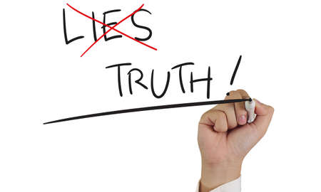 Motivational concept image of a hand holding marker, crossing lies word and write truth isolated on whiteの写真素材