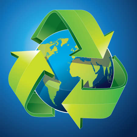 Vector illustration of earth inside green recycling symbol over blue backgroundのイラスト素材
