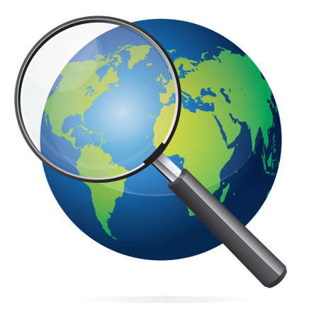 Vector illustration of blue earth with green continents world map and magnifying glass isolated on whiteのイラスト素材