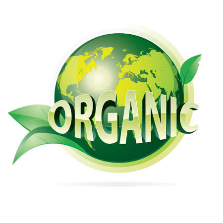 Vector illustration of green earth with glowing organic word and leaves isolated on whiteのイラスト素材