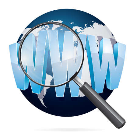 Vector illustration of blue earth with WWW or world wide web words and magnifying glass isolated on whiteのイラスト素材