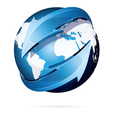 Vector illustration of earth with white continents world map and blue arrows isolated on whiteのイラスト素材