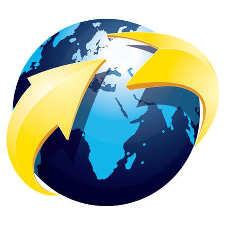 Vector illustration of blue earth with yellow arrow circle over it isolated on whiteのイラスト素材