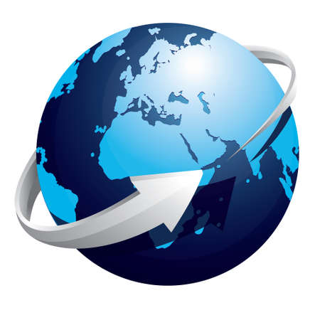 Vector illustration of blue earth with silver arrow circle over it isolated on whiteのイラスト素材