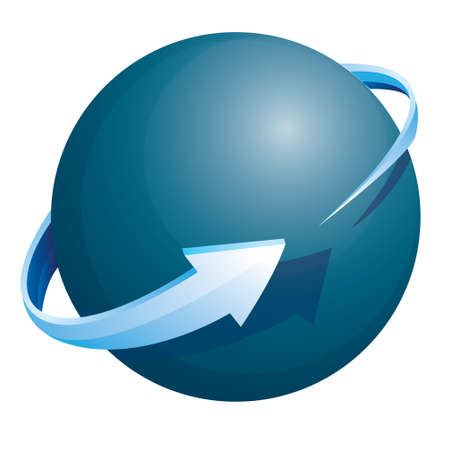 Vector illustration of glowing blue sphere and arrow circle over it isolated on whiteのイラスト素材