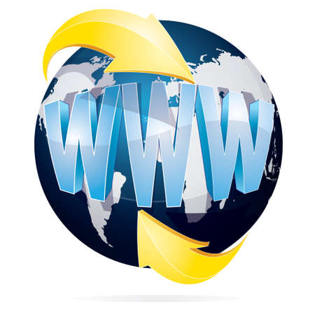Vector illustration of blue earth with WWW or world wide web words and yellow arrows isolated on whiteのイラスト素材