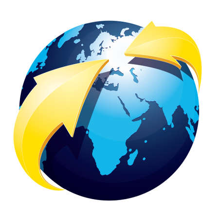 Vector illustration of blue earth with yellow arrows isolated on whiteのイラスト素材
