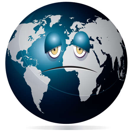 Vector illustration of planet earth globe showing sad and sick face with dark blue ocean and grey continents isolated on whiteのイラスト素材