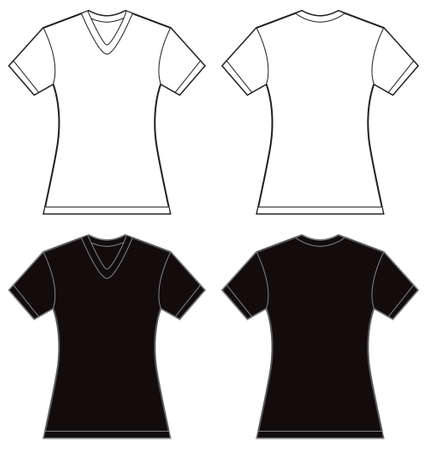 illustration of black and white women\'s v-neck shirt, front and back design, isolated on whiteのイラスト素材