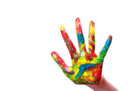 Little girls painted palm with colorful paints isolated on whiteの写真素材