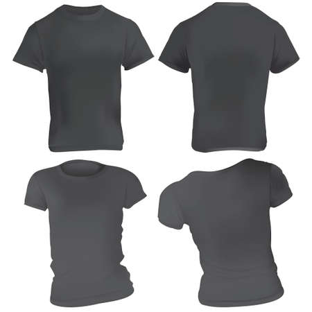 Vector illustration of black t-shirt template for men and women, front and back, realistic gradient mesh design, isolated on whiteのイラスト素材