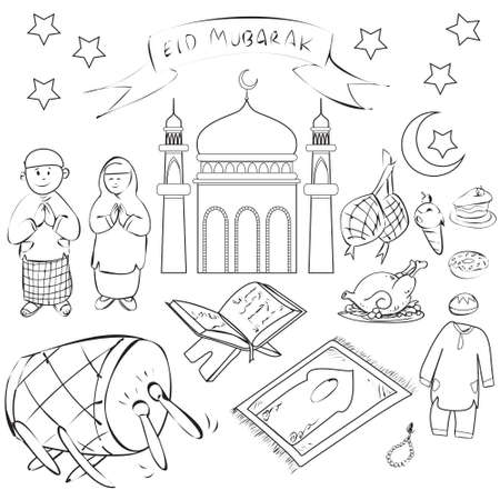 Vector illustration of Eid Mubarak Islamic holiday in doodle cartoon styleのイラスト素材
