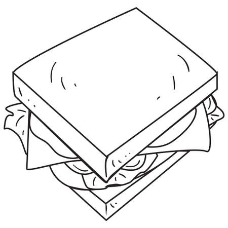 Vector illustration of cheese sandwich in black and white outlined doodle styleのイラスト素材