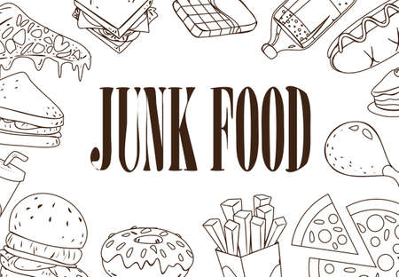 Vector illustration of fast foods in outlined doodle style with junk food written in the middleのイラスト素材