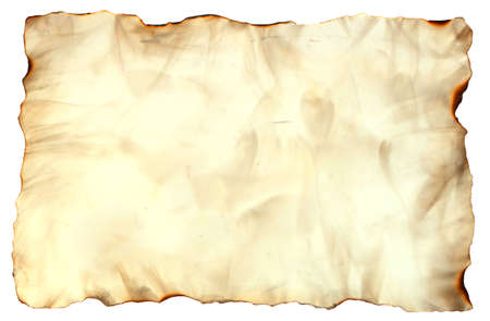 Photo image of an old paper sheet isolated on white, grunge burnt antique paper texture, empty old treasure map templateの写真素材