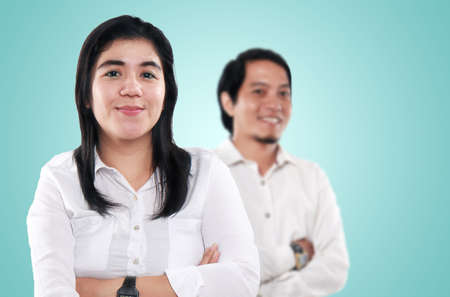 Photo image portrait of a happy successful Asian businesswoman and businessman, half body portrait,...