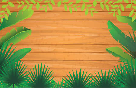 Vector illustration of wooden background with exotic tropical green leavesのイラスト素材