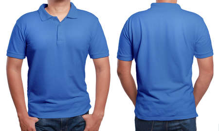 Blue polo t-shirt mock up, front and back view, isolated. Male model wear plain blue shirt mockup. Polo shirt design template. Blank tees for printの写真素材