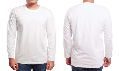 White long sleeved t-shirt mock up, front and back view, isolated. Male model wear plain white shirt mockup. Long sleeve shirt design template. Blank tees for printのeditorial素材