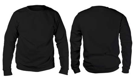 Blank sweatshirt mock up template, front, and back view, isolated on white, plain black long sleeved sweater mockup. T-shirt design presentation. Jumper for print. Blank clothes sweat shirt sweaterの写真素材