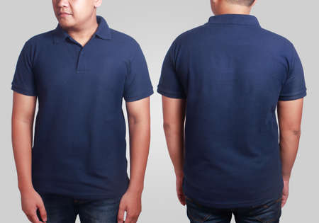 Blank polo shirt mock up, front, and back view, isolated on grey. Asian male model wear plain dark blue tshirt mockup. Clothes uniform design presentation for printの写真素材