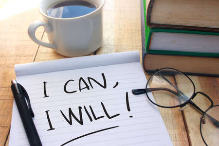 I can I will. Motivational inspirational quotes words. Wooden backgroundの写真素材